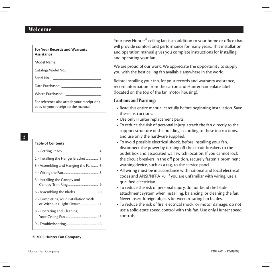 Welcome, Cautions and warnings | Hunter Fan hunter 42027-01 User Manual | Page 2 / 16