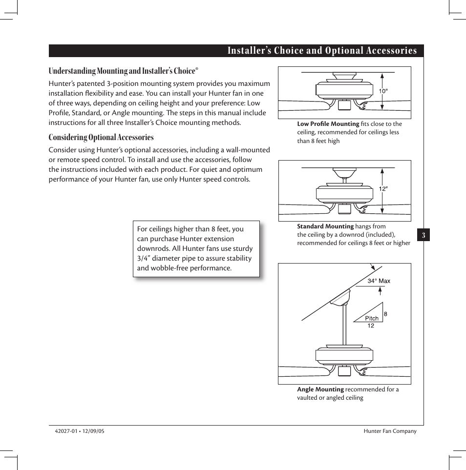 Installer’s choice and optional accessories, Understanding mounting and installer’s choice, Considering optional accessories | Hunter Fan hunter 42027-01 User Manual | Page 3 / 16