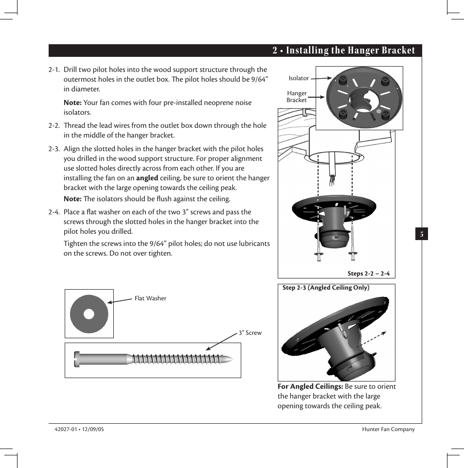 2 • installing the hanger bracket | Hunter Fan hunter 42027-01 User Manual | Page 5 / 16