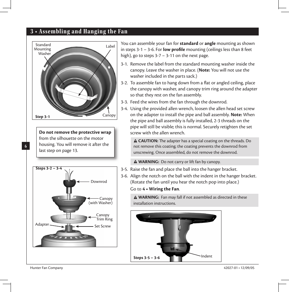 3 • assembling and hanging the fan | Hunter Fan hunter 42027-01 User Manual | Page 6 / 16
