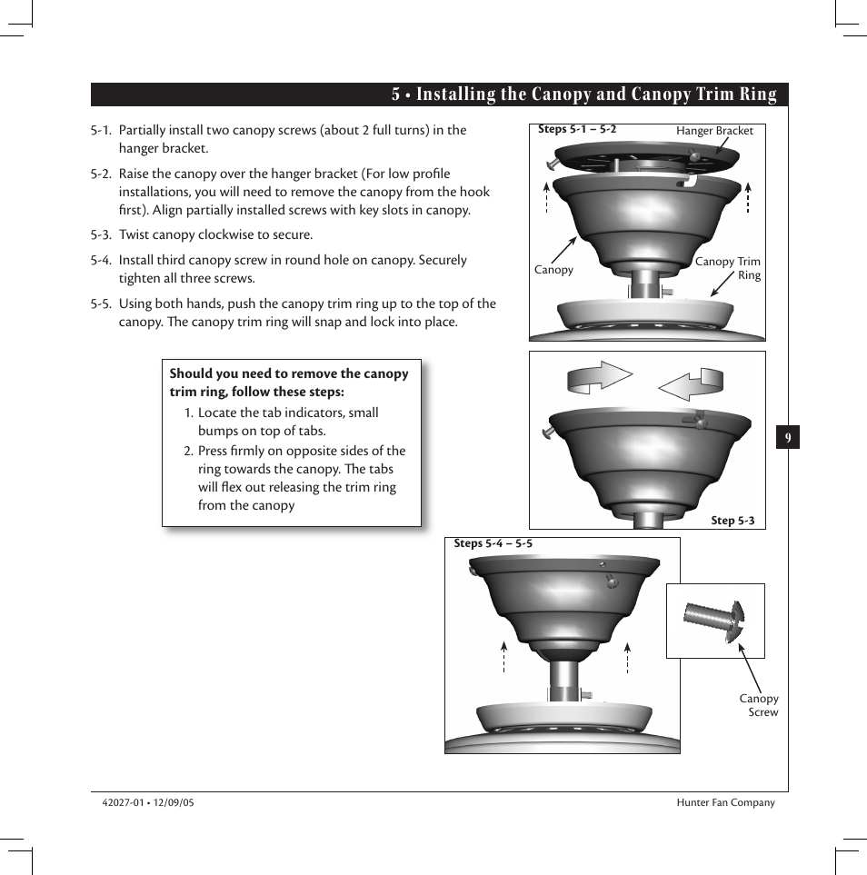 5 • installing the canopy and canopy trim ring | Hunter Fan hunter 42027-01 User Manual | Page 9 / 16