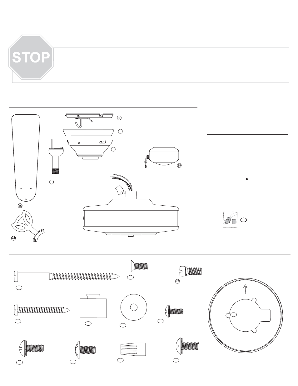 Guía de piezas, Materiales, Piezas del ventilador | Hunter Fan 28463 User Manual | Page 3 / 4