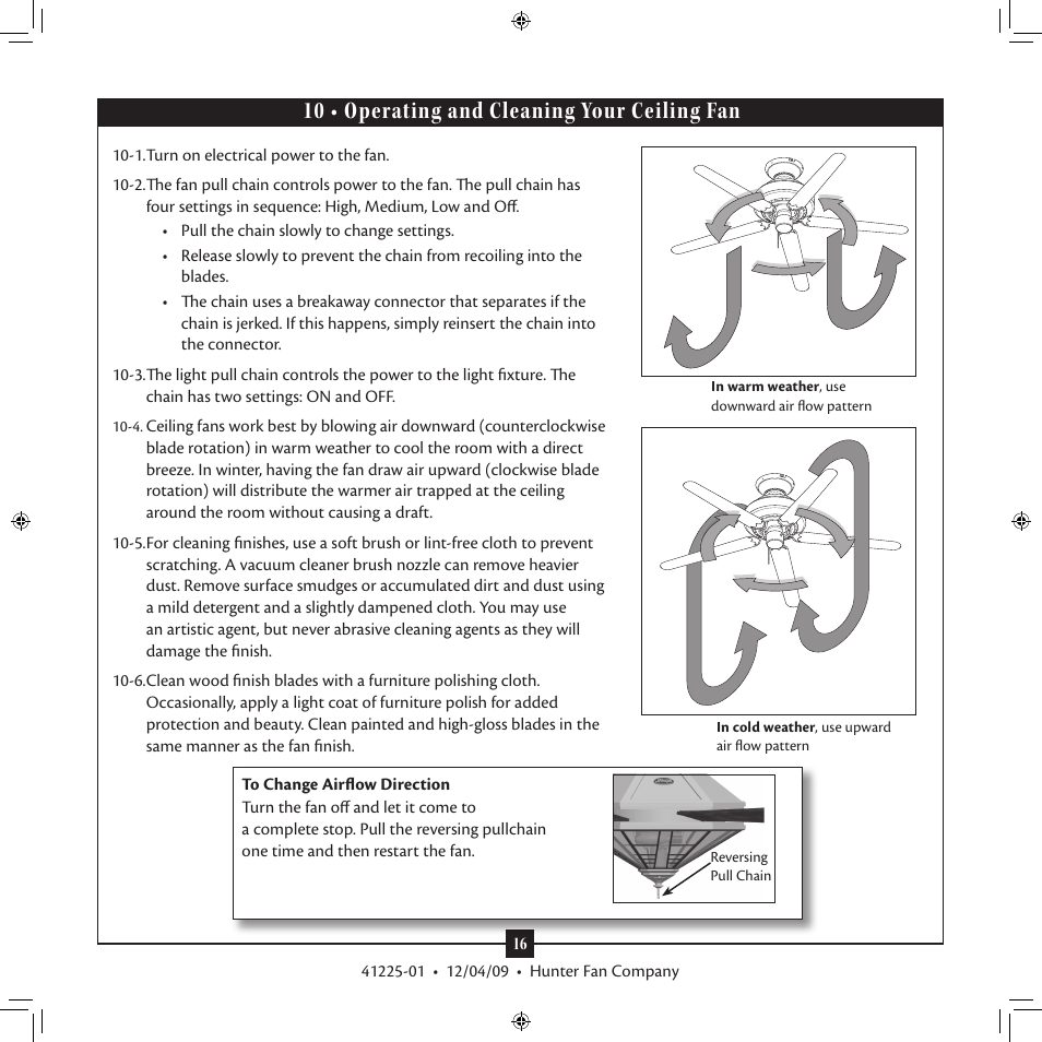 10 • operating and cleaning your ceiling fan | Hunter 21978 54 1912 Mission Manual User Manual | Page 16 / 17