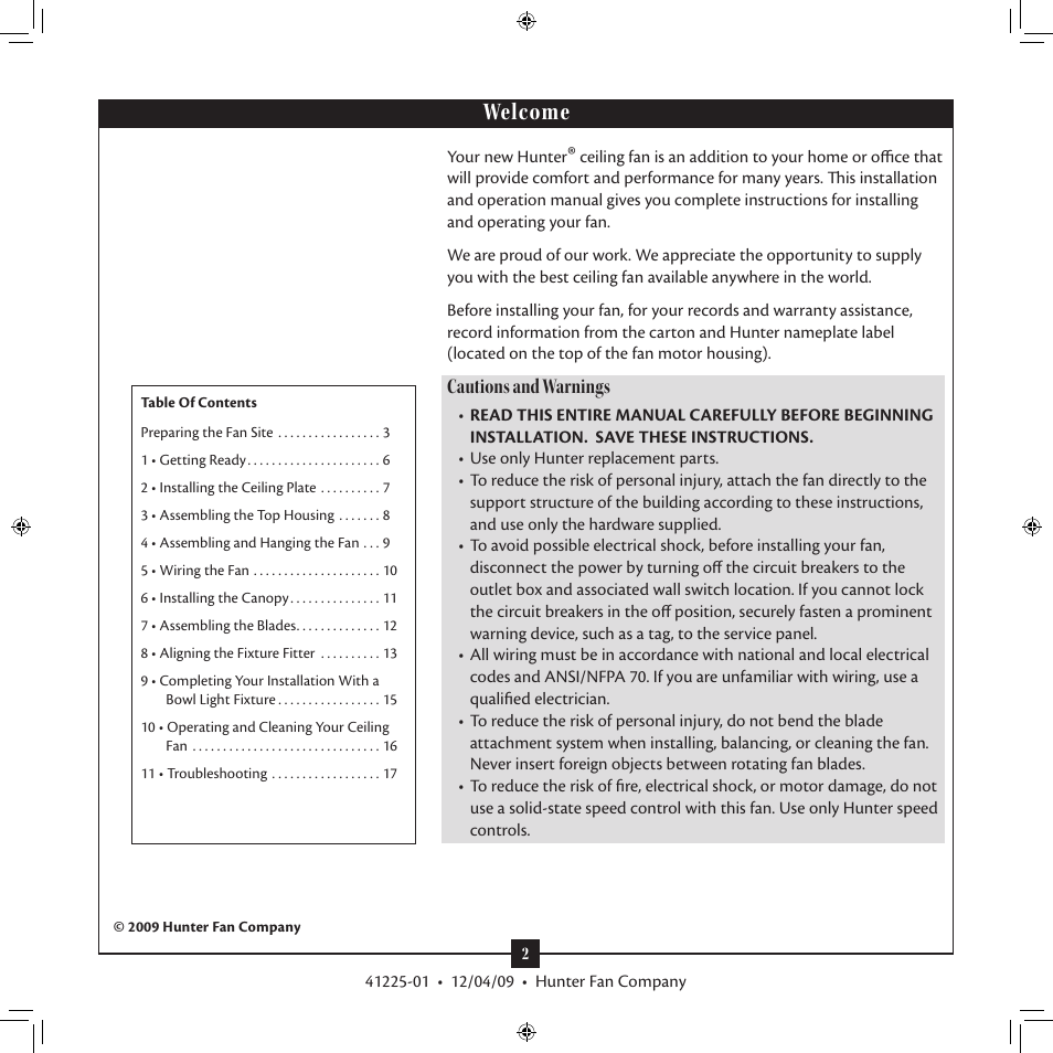 Welcome, Cautions and warnings | Hunter 21978 54 1912 Mission Manual User Manual | Page 2 / 17