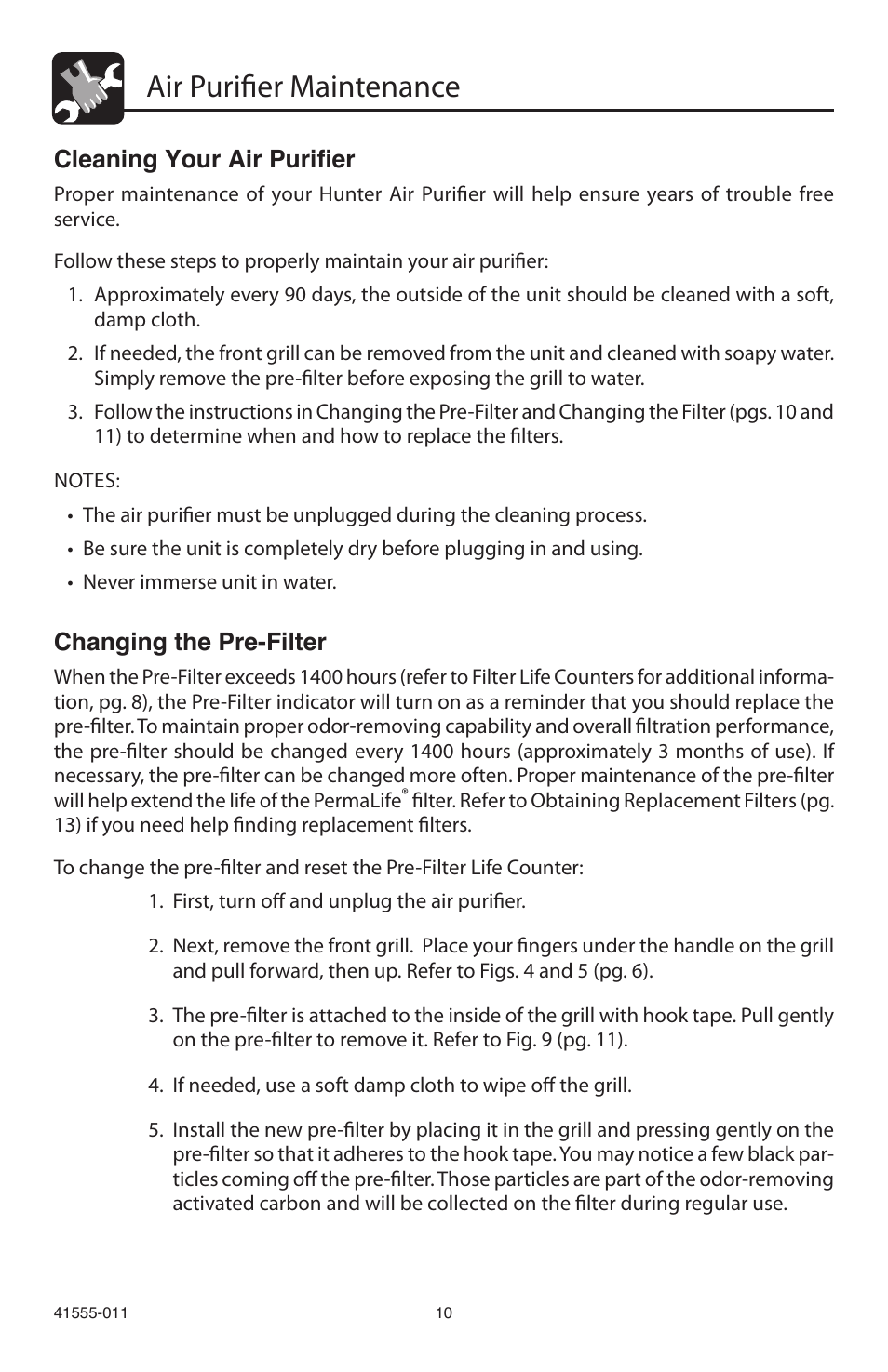 Air purifier maintenance, Cleaning your air purifier, Changing the pre-filter | Hunter Fan 30748 User Manual | Page 10 / 17