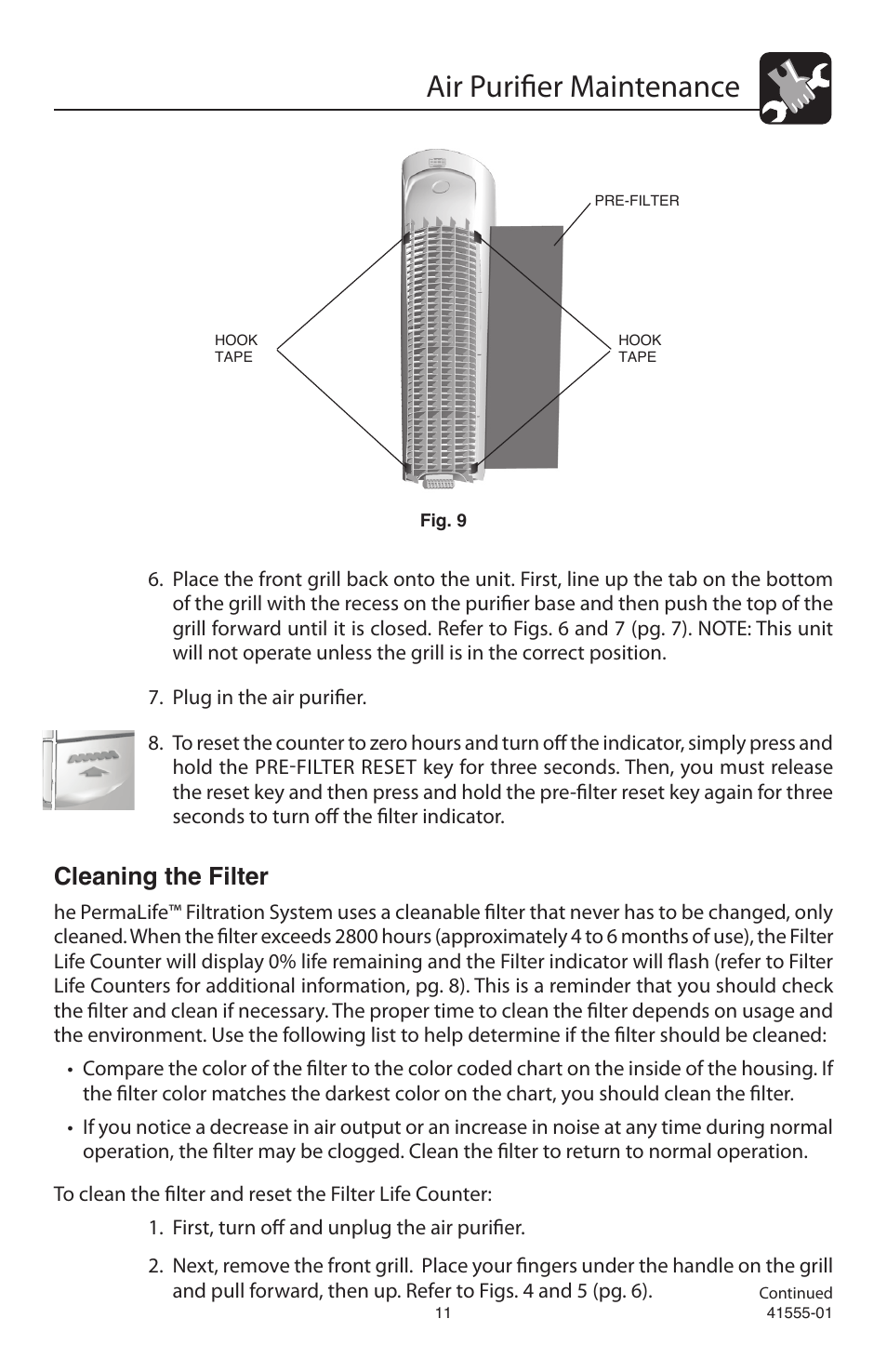 Air purifier maintenance, Cleaning the filter | Hunter Fan 30748 User Manual | Page 11 / 17