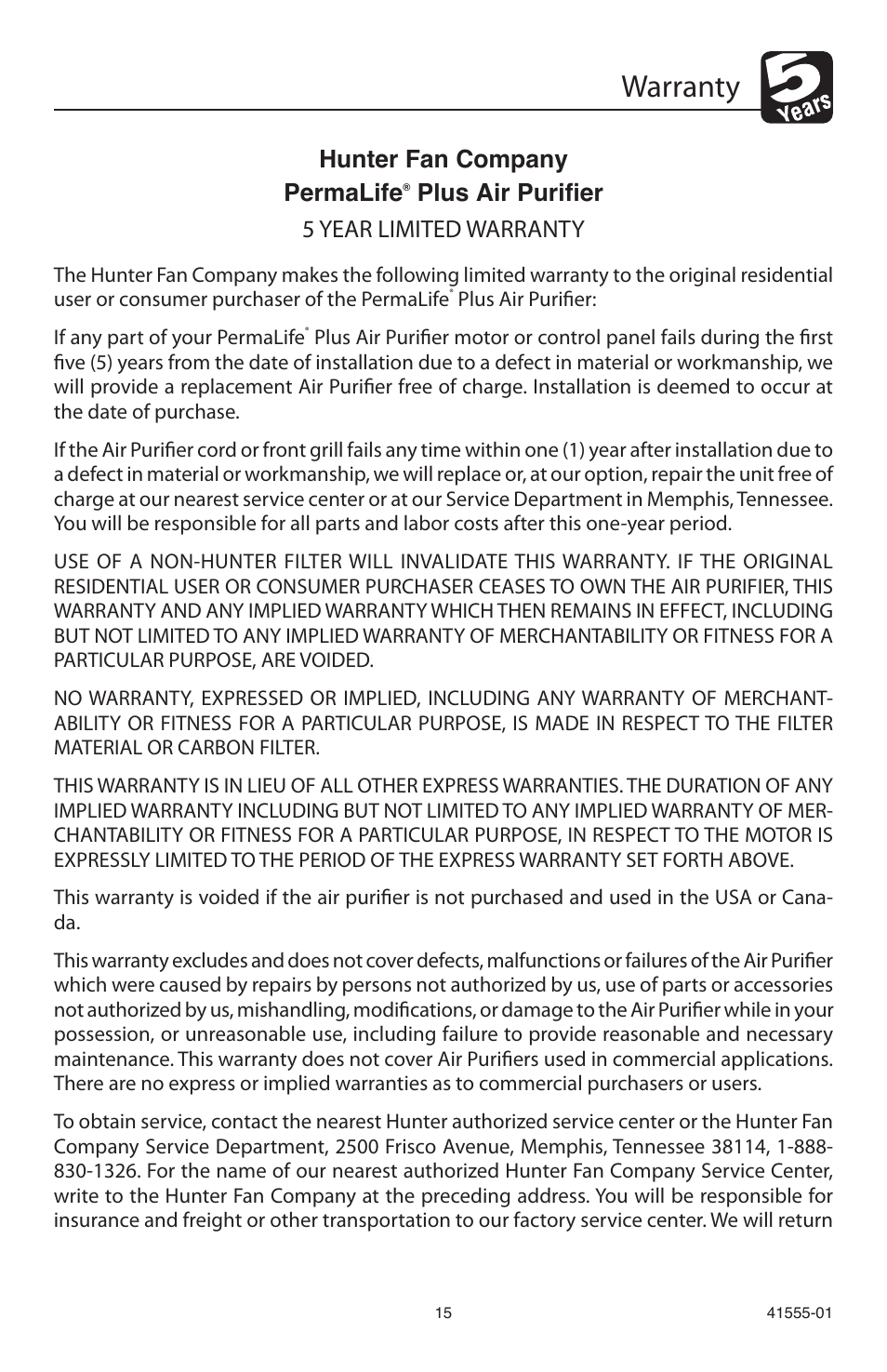 Warranty, Hunter fan company permalife, Plus air purifier 5 year limited warranty | Hunter Fan 30748 User Manual | Page 15 / 17