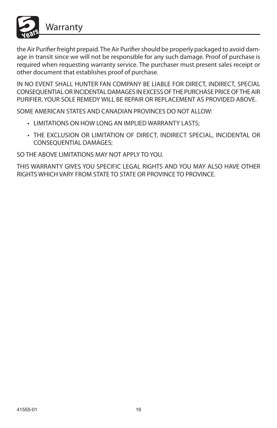 Warranty | Hunter Fan 30748 User Manual | Page 16 / 17