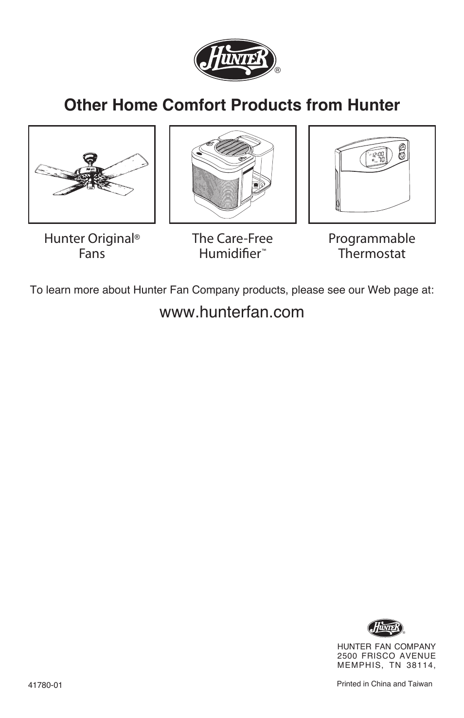 The care-free humidifier, Programmable thermostat, Hunter original | Fans | Hunter Fan 30748 User Manual | Page 17 / 17