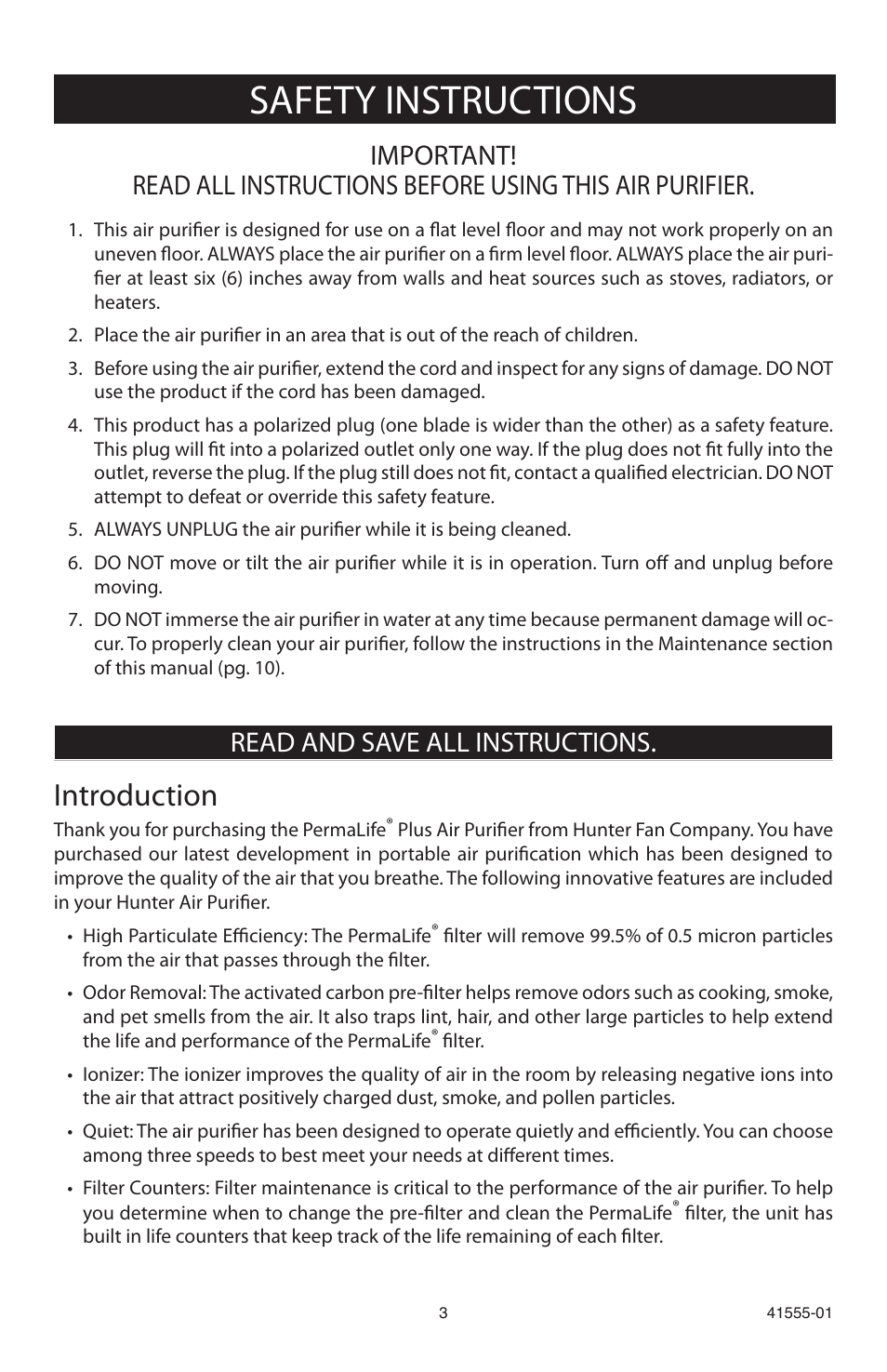 Safety instructions, Introduction, Read and save all instructions | Hunter Fan 30748 User Manual | Page 3 / 17