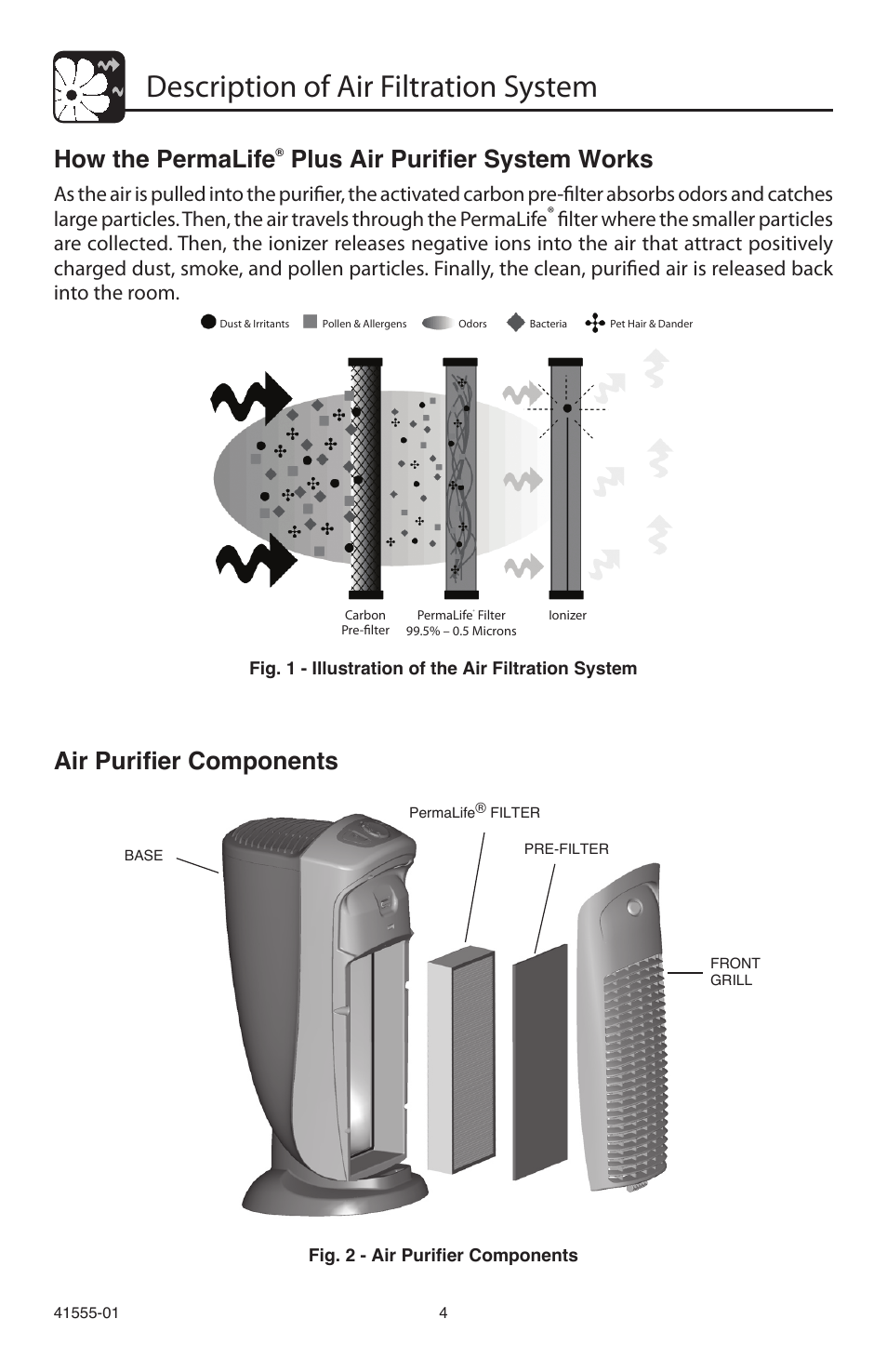 Description of air filtration system, Air purifier components, How the permalife | Plus air purifier system works | Hunter Fan 30748 User Manual | Page 4 / 17