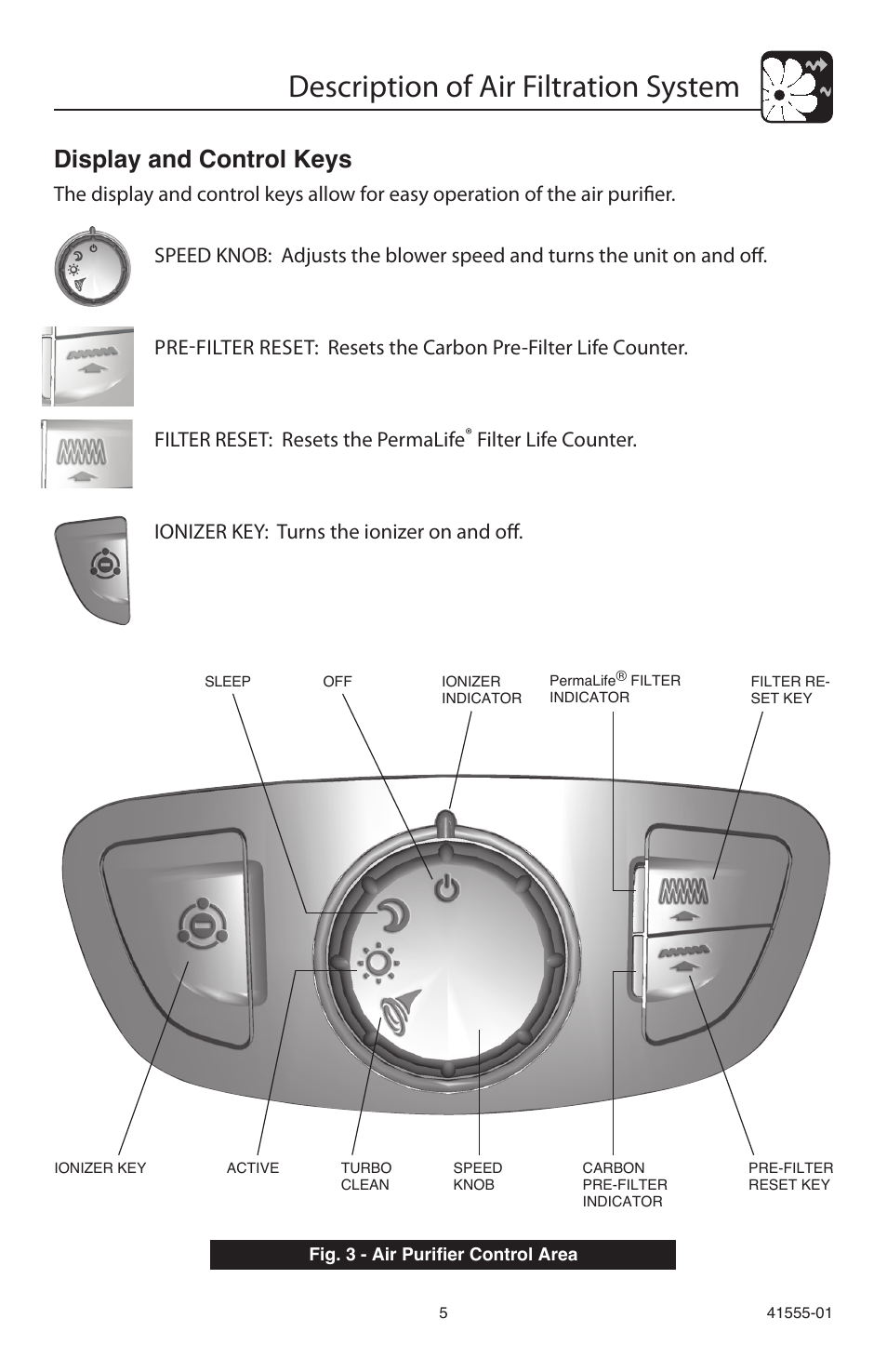 Description of air filtration system, Display and control keys | Hunter Fan 30748 User Manual | Page 5 / 17