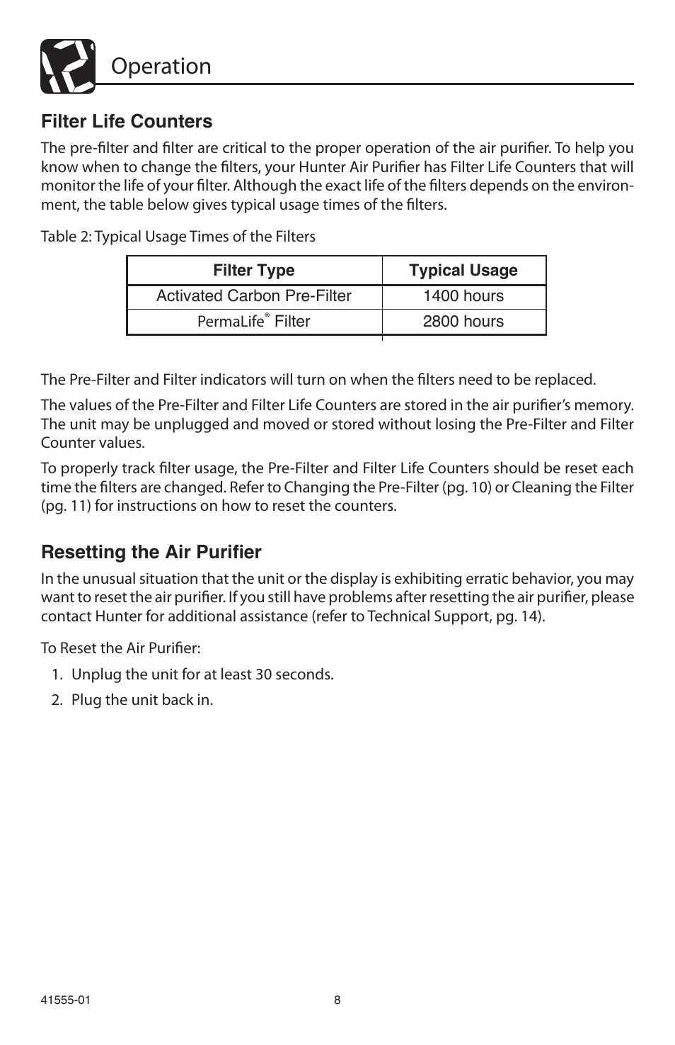 Operation, Filter life counters, Resetting the air purifier | Hunter Fan 30748 User Manual | Page 8 / 17