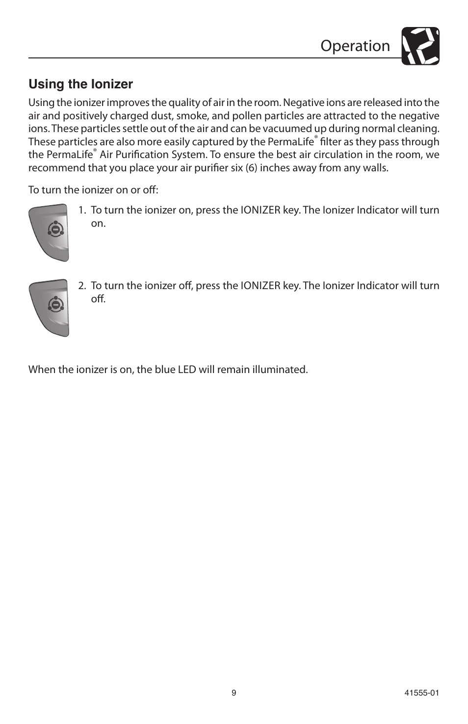 Operation, Using the ionizer | Hunter Fan 30748 User Manual | Page 9 / 17