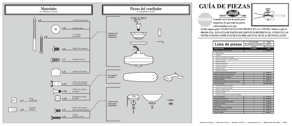 Guía de piezas, Materiales, Piezas del ventilador | Parada, Lista de piezas | Hunter Fan 23902 User Manual | Page 2 / 2