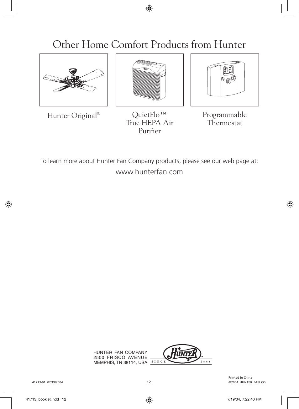 Other home comfort products from hunter, Hunter original | Hunter Fan NiteGlo Evaporative Humidifier User Manual | Page 12 / 36