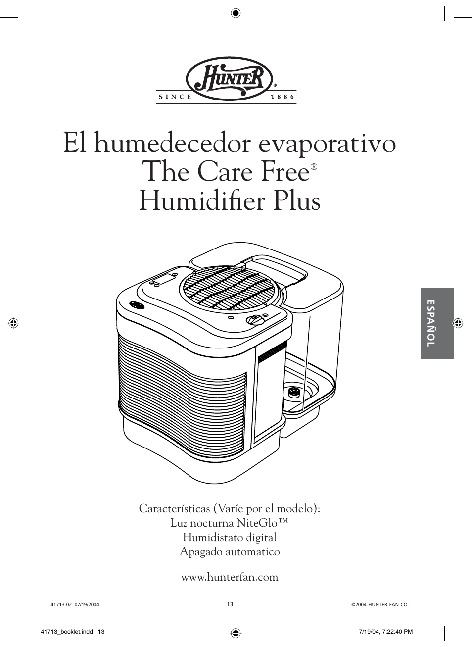 El humedecedor evaporativo the care free, Humidifi er plus | Hunter Fan NiteGlo Evaporative Humidifier User Manual | Page 13 / 36