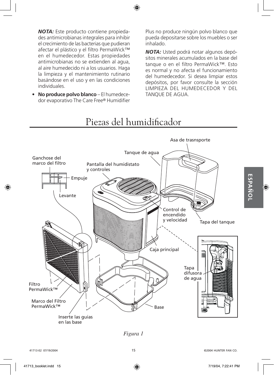 Piezas del humidifi cador | Hunter Fan NiteGlo Evaporative Humidifier User Manual | Page 15 / 36