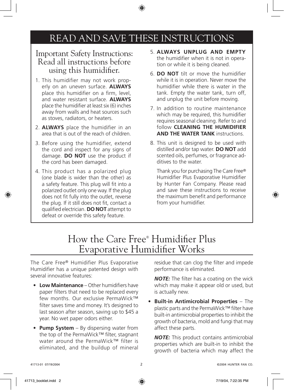 How the care free, Humidifi er plus evaporative humidifi er works, Read and save these instructions | Hunter Fan NiteGlo Evaporative Humidifier User Manual | Page 2 / 36