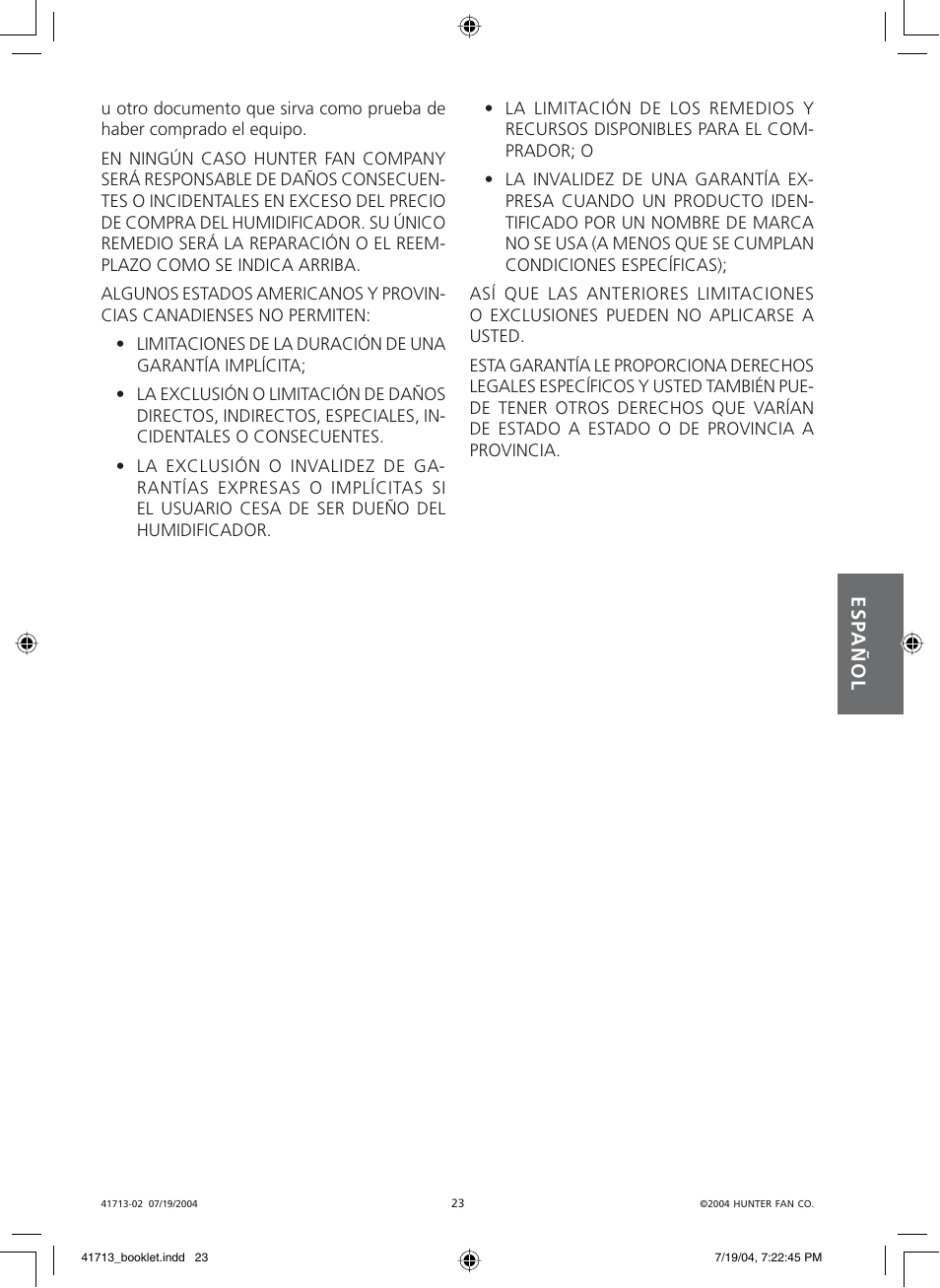 Hunter Fan NiteGlo Evaporative Humidifier User Manual | Page 23 / 36