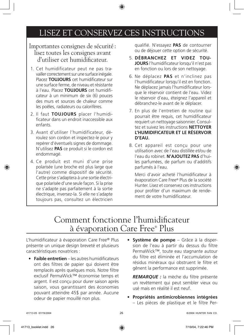 Plus, Lisez et conservez ces instructions | Hunter Fan NiteGlo Evaporative Humidifier User Manual | Page 26 / 36