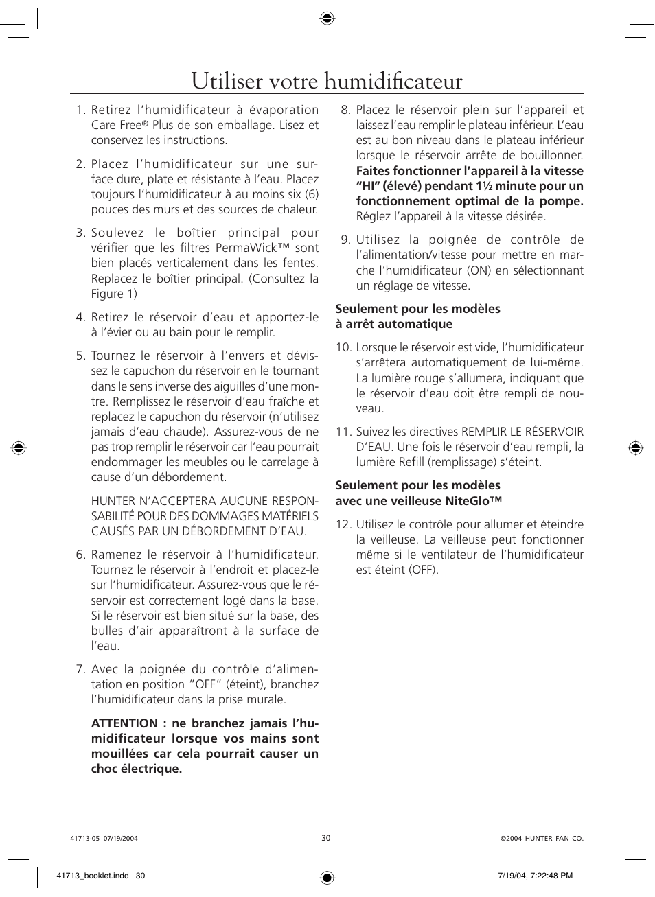 Utiliser votre humidifi cateur | Hunter Fan NiteGlo Evaporative Humidifier User Manual | Page 30 / 36