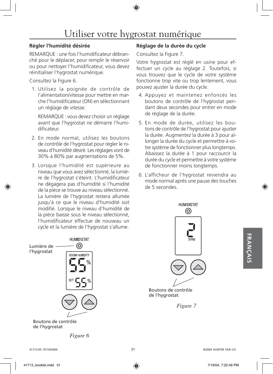 Utiliser votre hygrostat numérique | Hunter Fan NiteGlo Evaporative Humidifier User Manual | Page 31 / 36