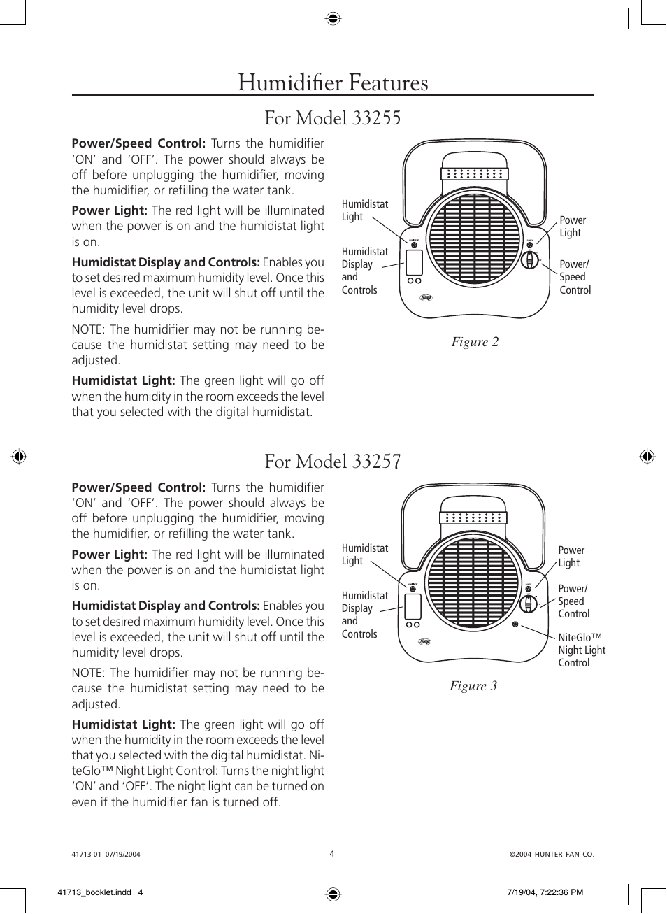 Humidifi er features | Hunter Fan NiteGlo Evaporative Humidifier User Manual | Page 4 / 36