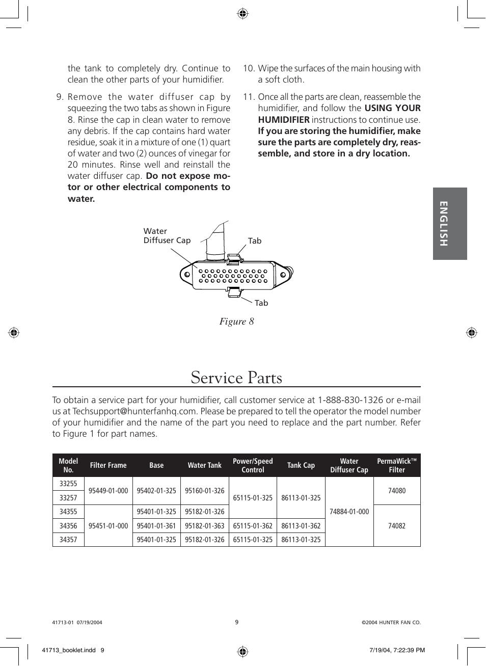 Service parts, English, Figure 8 | Hunter Fan NiteGlo Evaporative Humidifier User Manual | Page 9 / 36