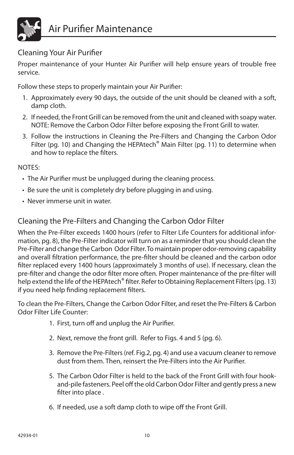 Air purifier maintenance, Cleaning your air purifier | Hunter Fan 30777 User Manual | Page 10 / 36