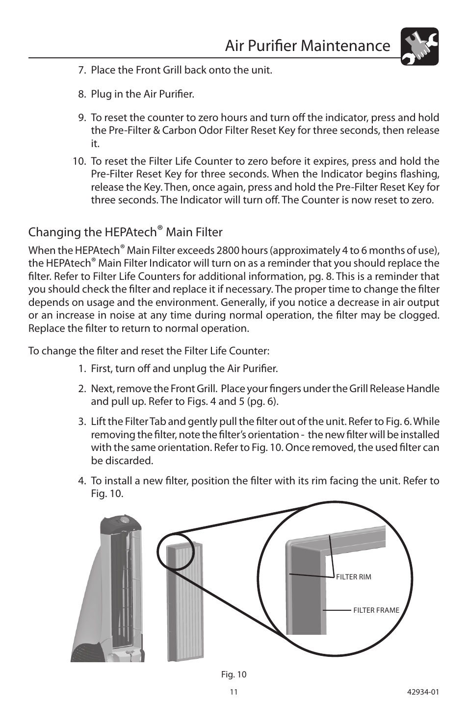 Air purifier maintenance, Changing the hepatech, Main filter | Hunter Fan 30777 User Manual | Page 11 / 36