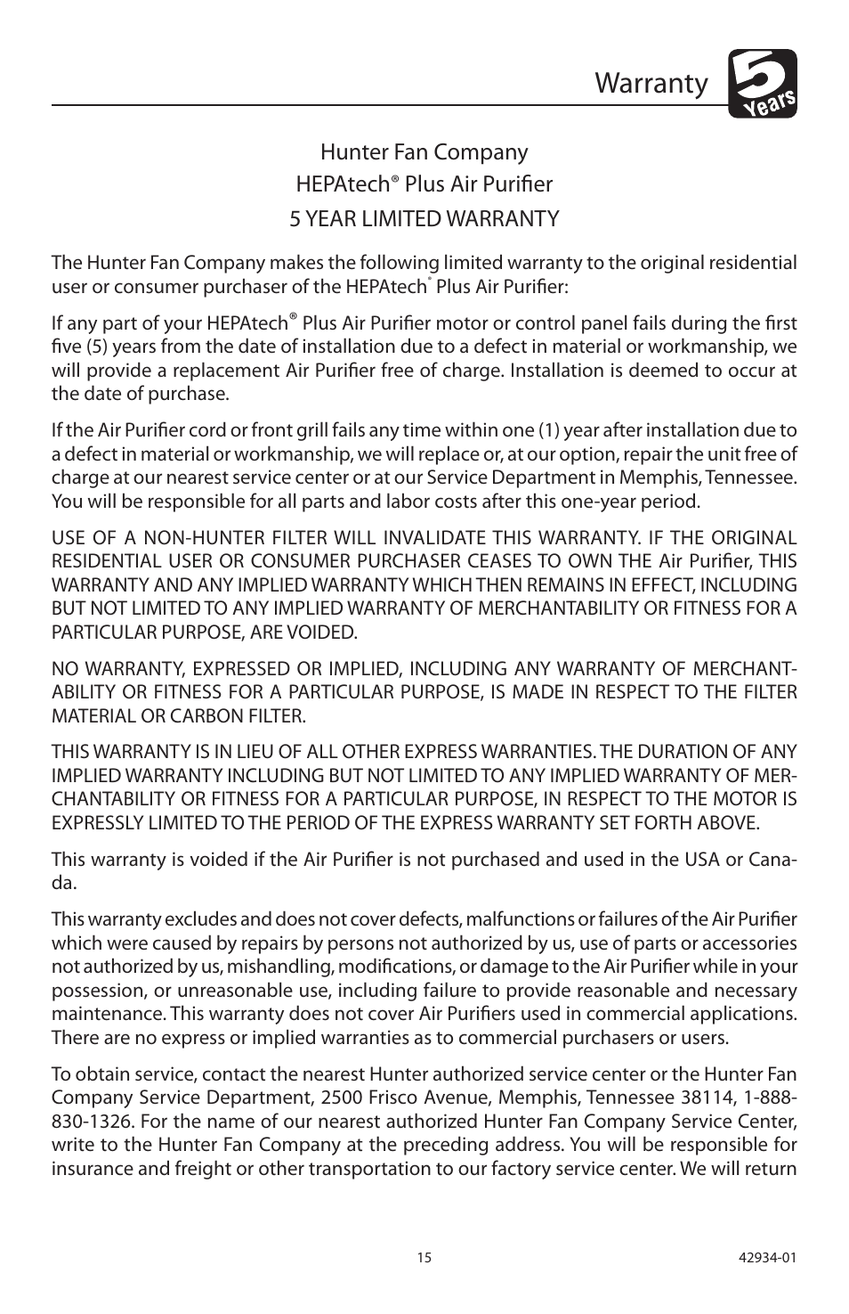 Warranty, Hunter fan company hepatech, Plus air purifier 5 year limited warranty | Hunter Fan 30777 User Manual | Page 15 / 36