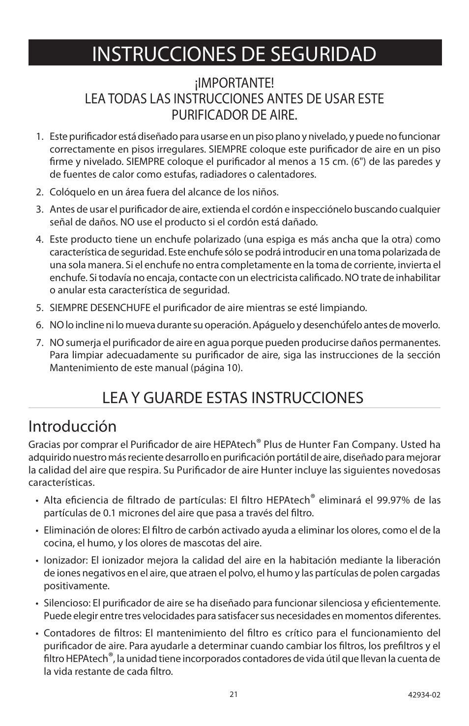 Instrucciones de seguridad, Lea y guarde estas instrucciones, Introducción | Hunter Fan 30777 User Manual | Page 21 / 36