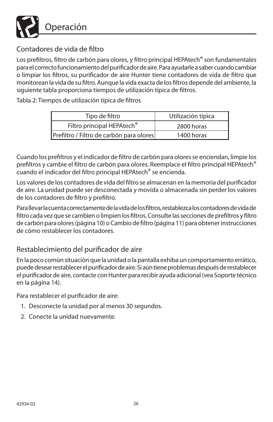 Operación, Contadores de vida de filtro, Restablecimiento del purificador de aire | Hunter Fan 30777 User Manual | Page 26 / 36