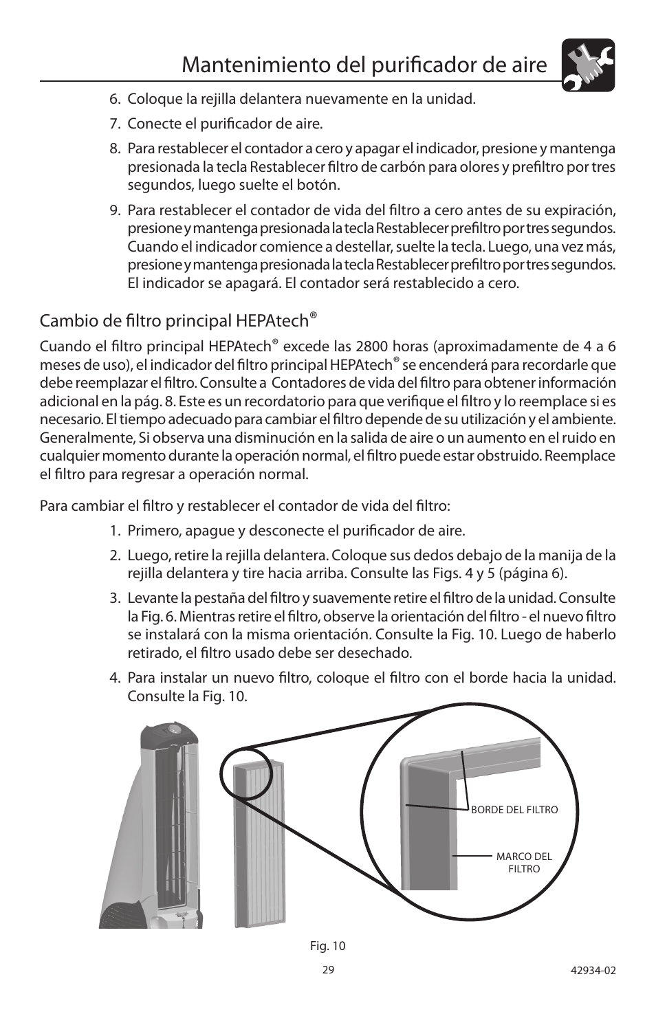 Mantenimiento del purificador de aire, Cambio de filtro principal hepatech | Hunter Fan 30777 User Manual | Page 29 / 36