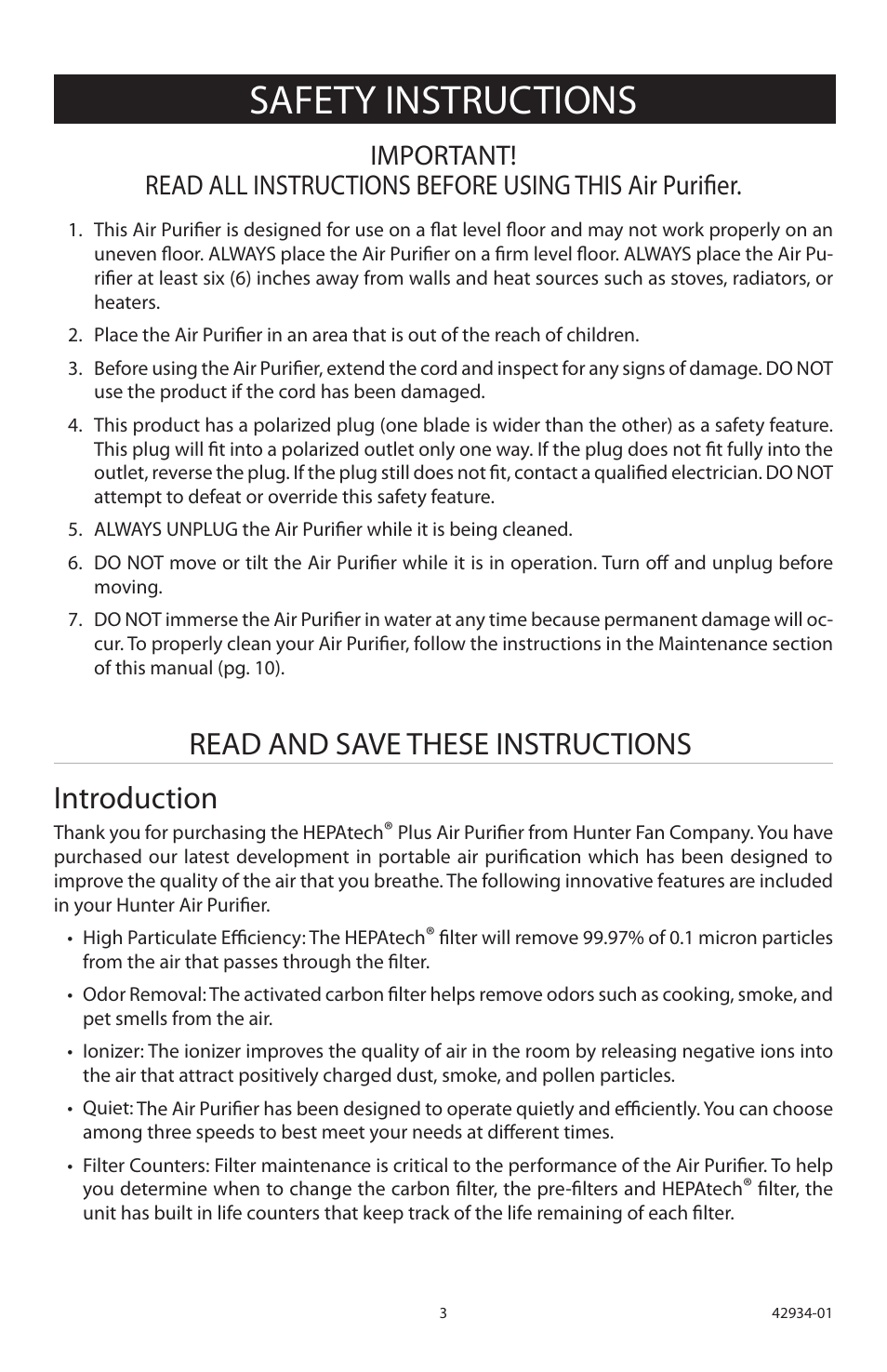 Safety instructions, Read and save these instructions, Introduction | Hunter Fan 30777 User Manual | Page 3 / 36