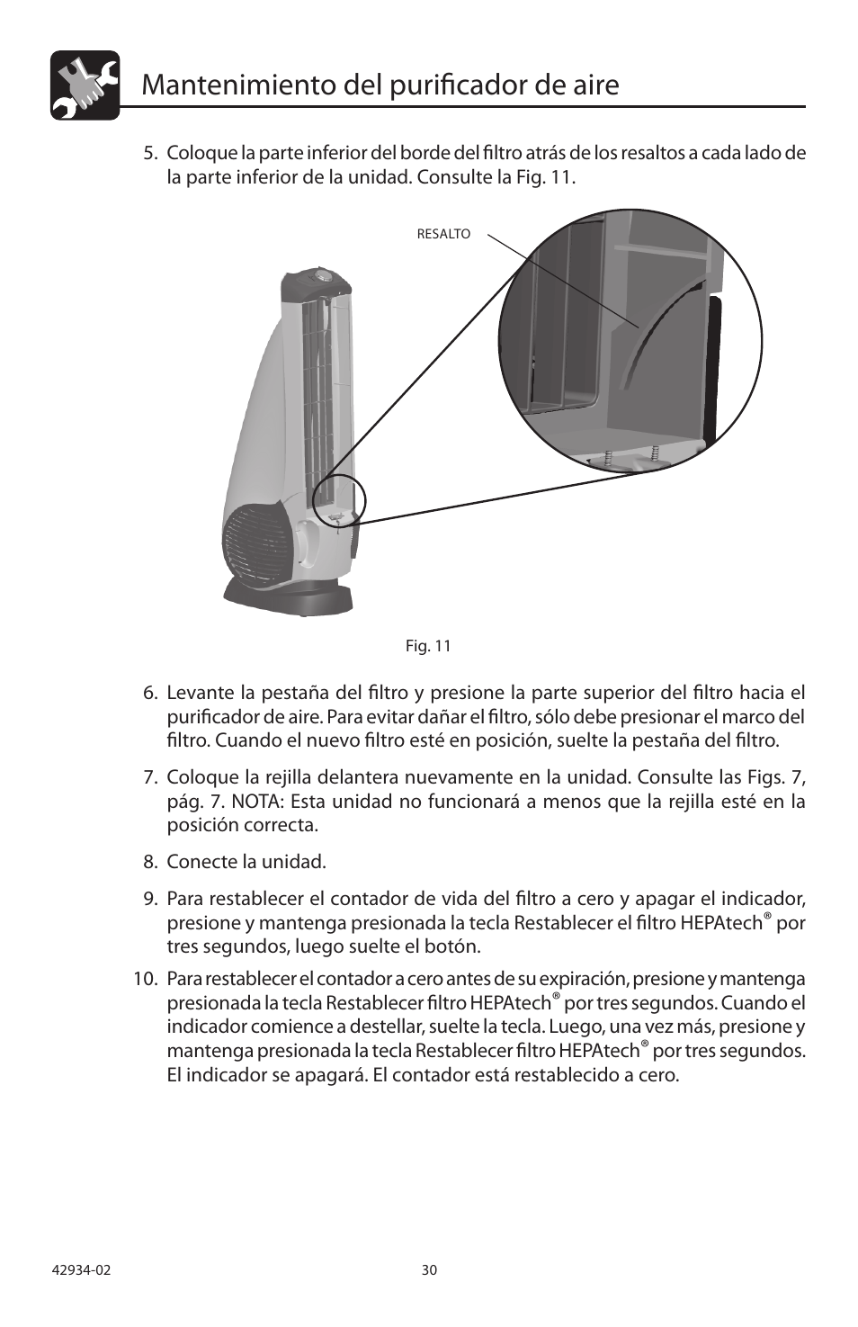 Mantenimiento del purificador de aire | Hunter Fan 30777 User Manual | Page 30 / 36