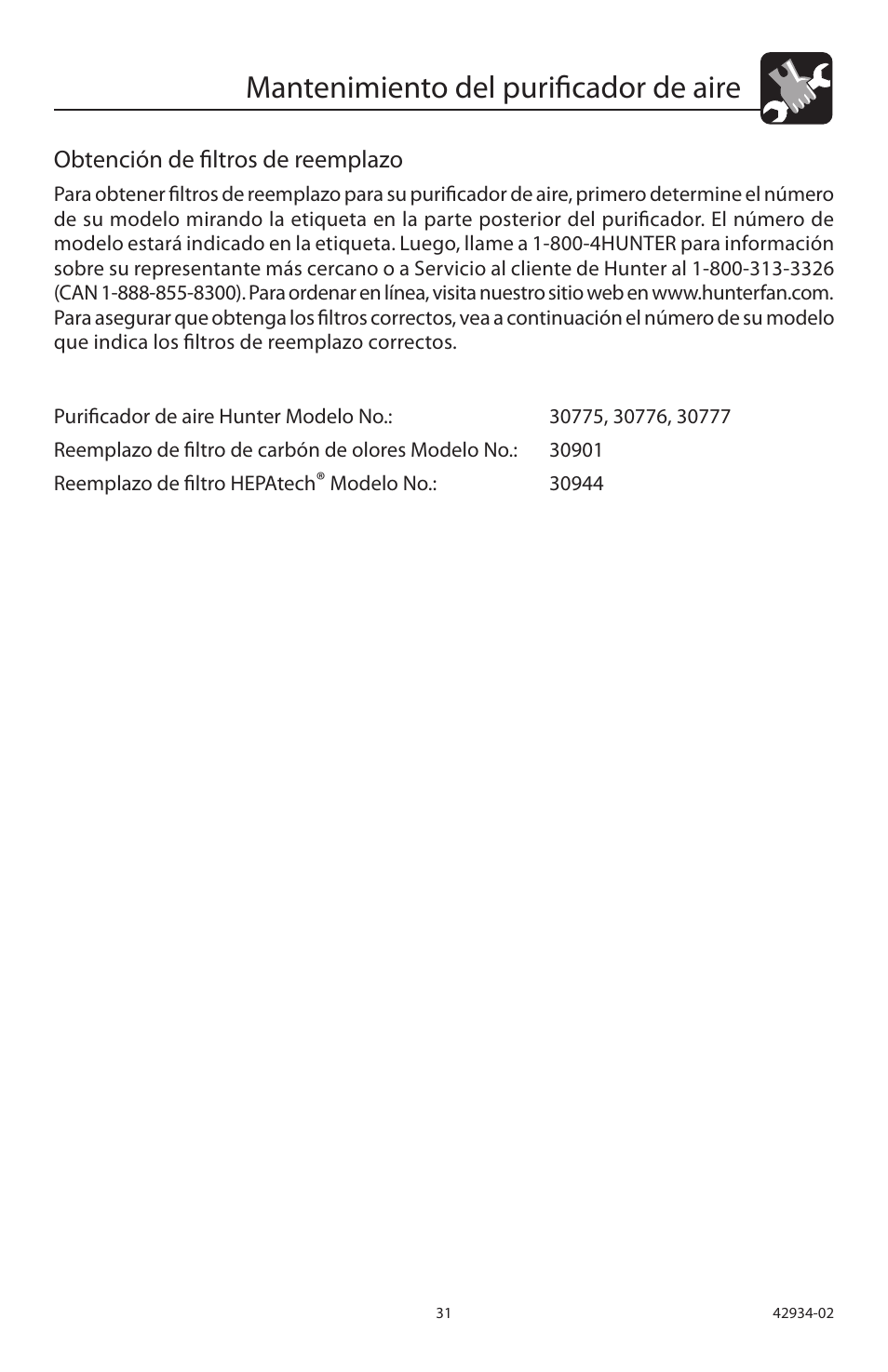 Mantenimiento del purificador de aire, Obtención de filtros de reemplazo | Hunter Fan 30777 User Manual | Page 31 / 36