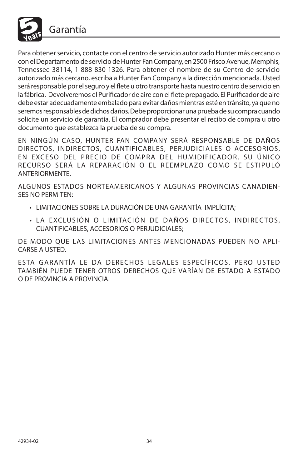 Garantía | Hunter Fan 30777 User Manual | Page 34 / 36