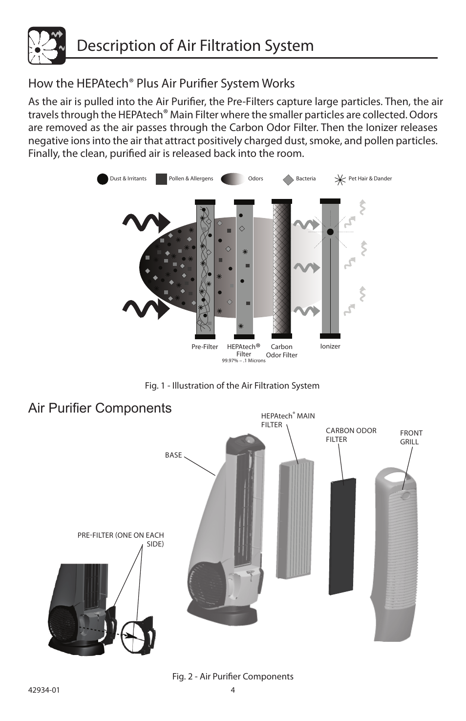 Description of air filtration system, Air purifier components, How the hepatech | Plus air purifier system works | Hunter Fan 30777 User Manual | Page 4 / 36