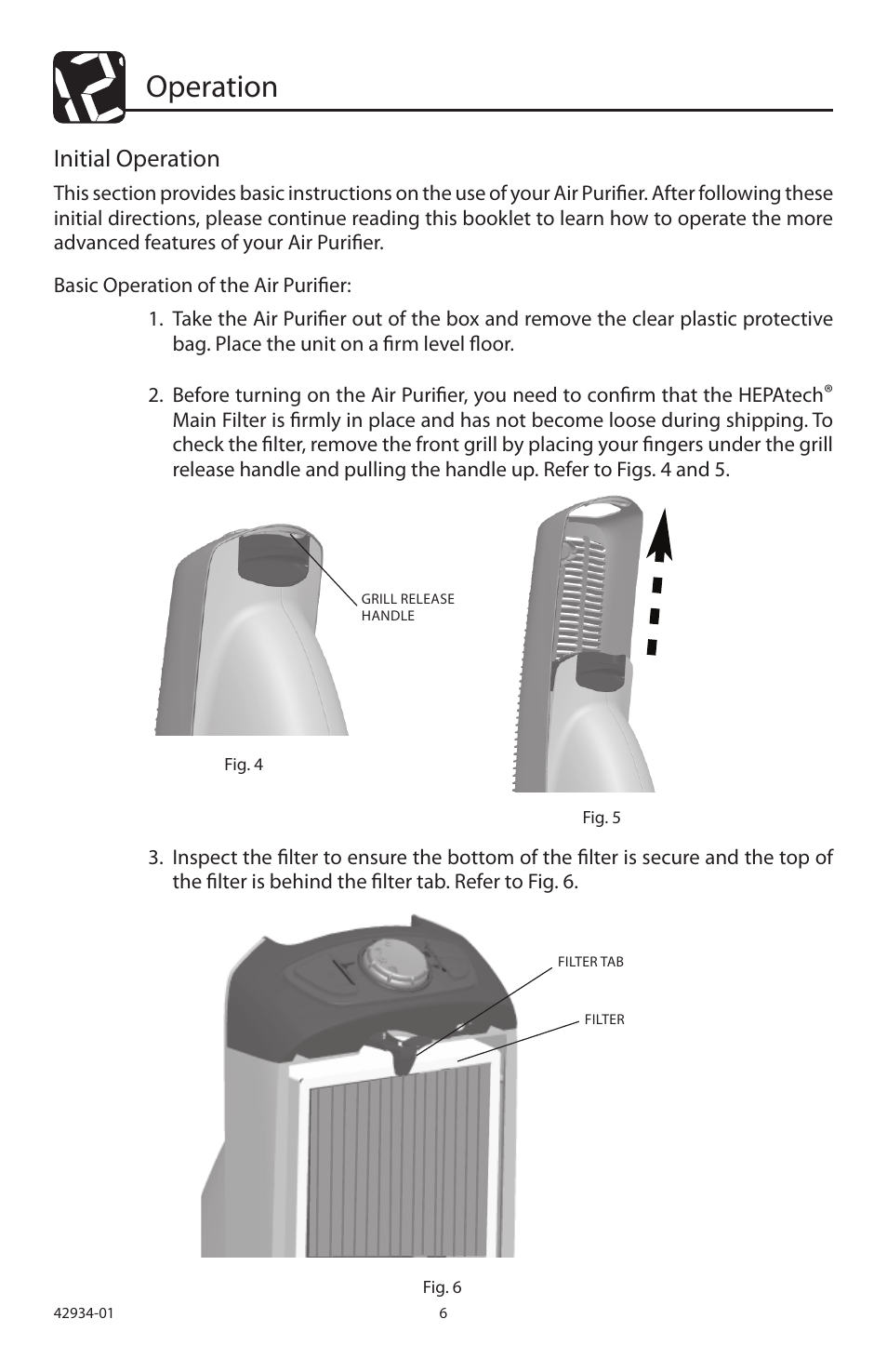 Operation, Initial operation | Hunter Fan 30777 User Manual | Page 6 / 36