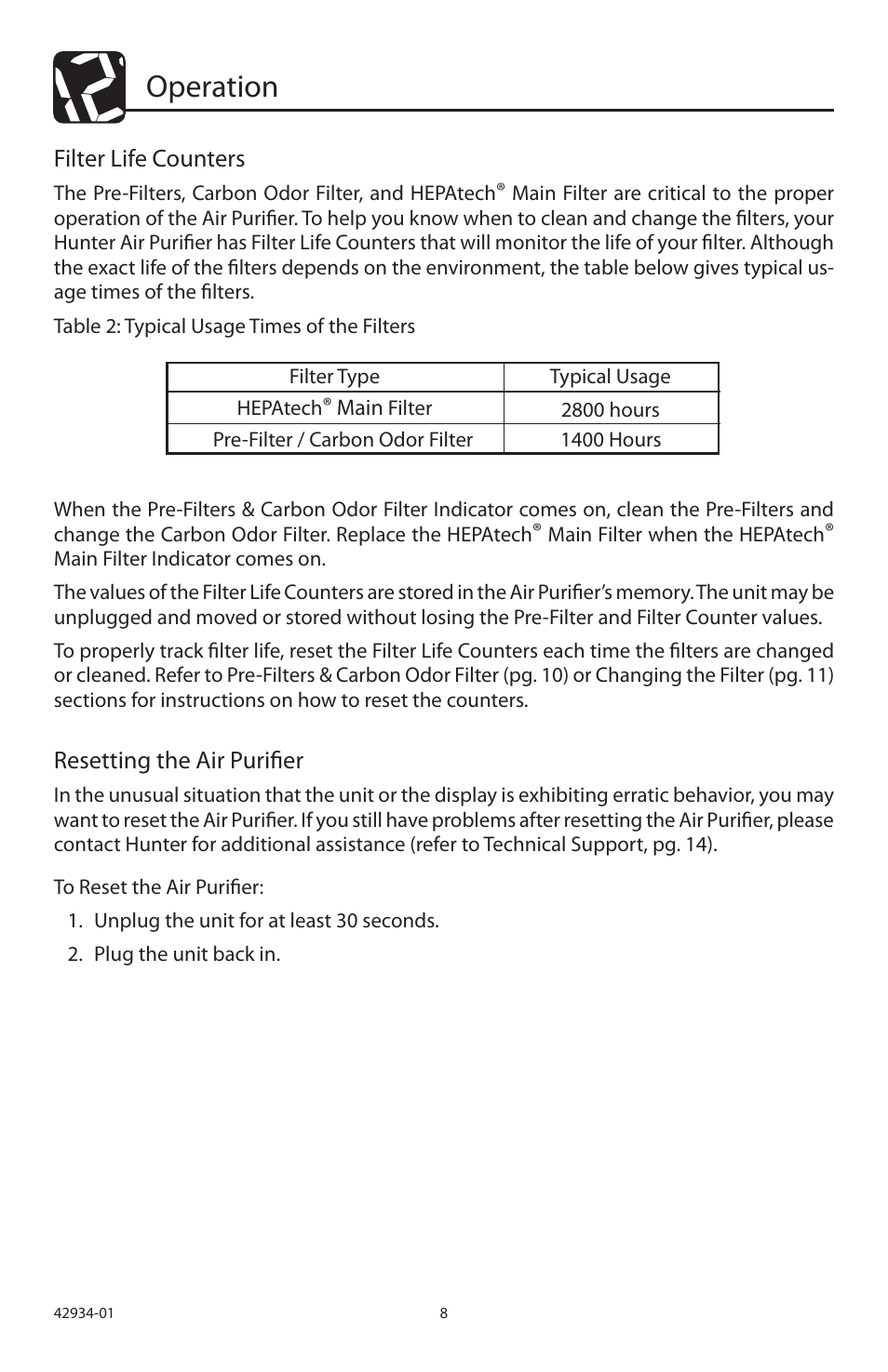 Operation, Filter life counters, Resetting the air purifier | Hunter Fan 30777 User Manual | Page 8 / 36