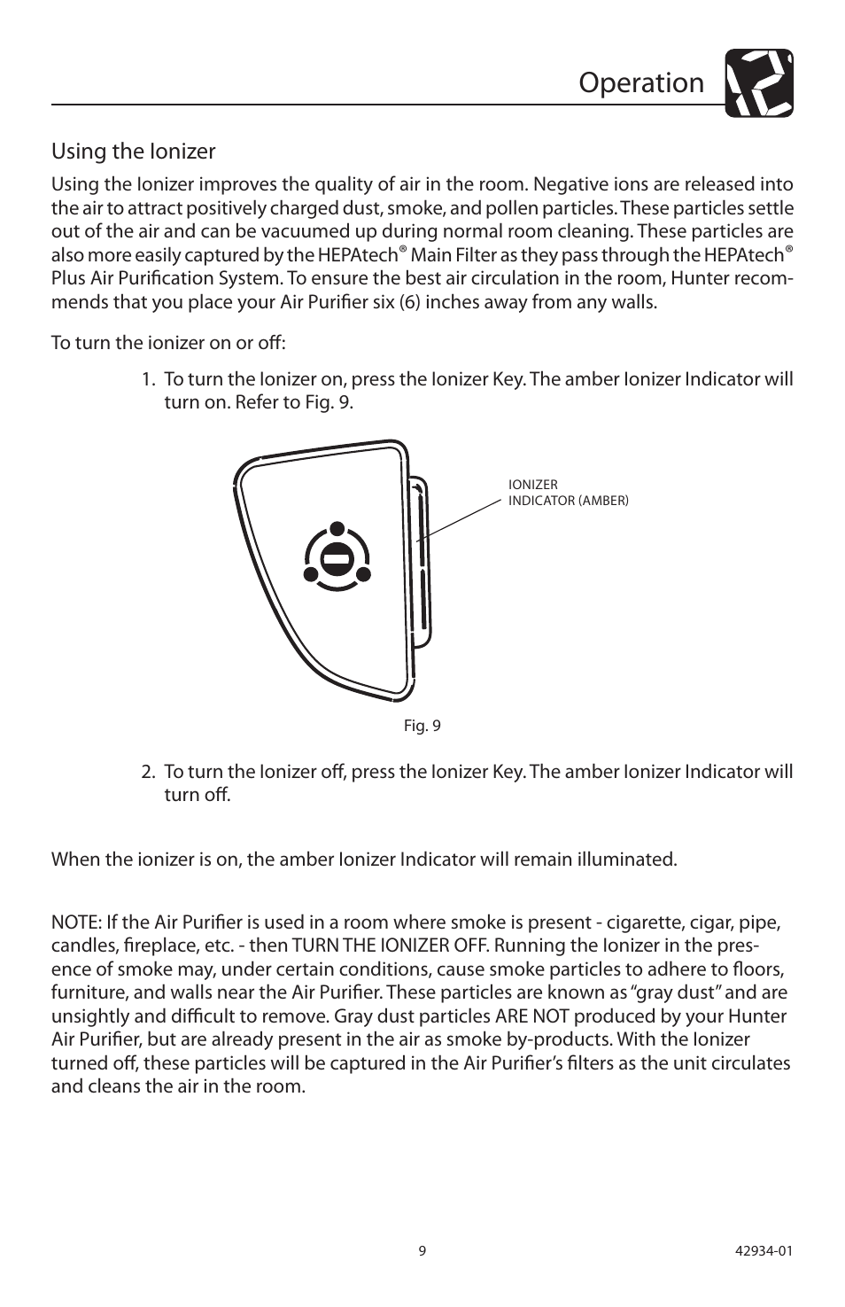 Operation, Using the ionizer | Hunter Fan 30777 User Manual | Page 9 / 36