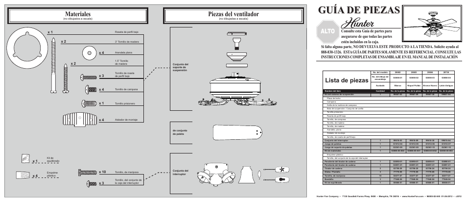 Guía de piezas, Materiales, Piezas del ventilador | Parada, Alto, Lista de piezas | Hunter Fan 28682 User Manual | Page 2 / 2