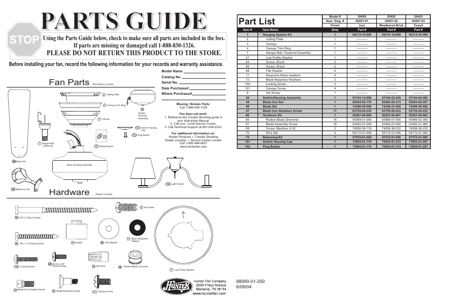 Parts guide, Part list, Fan parts | Hardware, Please do not return this product to the store | Hunter Fan 20452 User Manual | Page 2 / 4