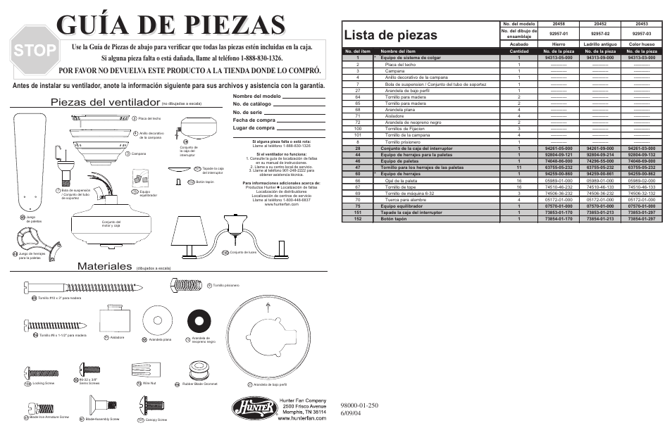 Guía de piezas, Lista de piezas, Materiales | Piezas del ventilador | Hunter Fan 20452 User Manual | Page 4 / 4