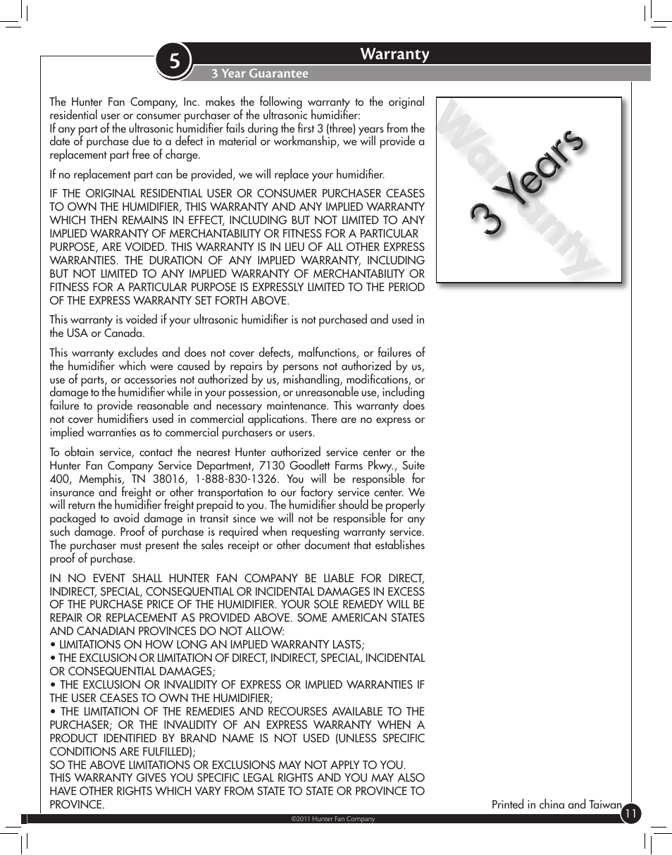 Warranty, 3 year guarantee | Hunter Fan ULTRASONIC 31206 User Manual | Page 11 / 11