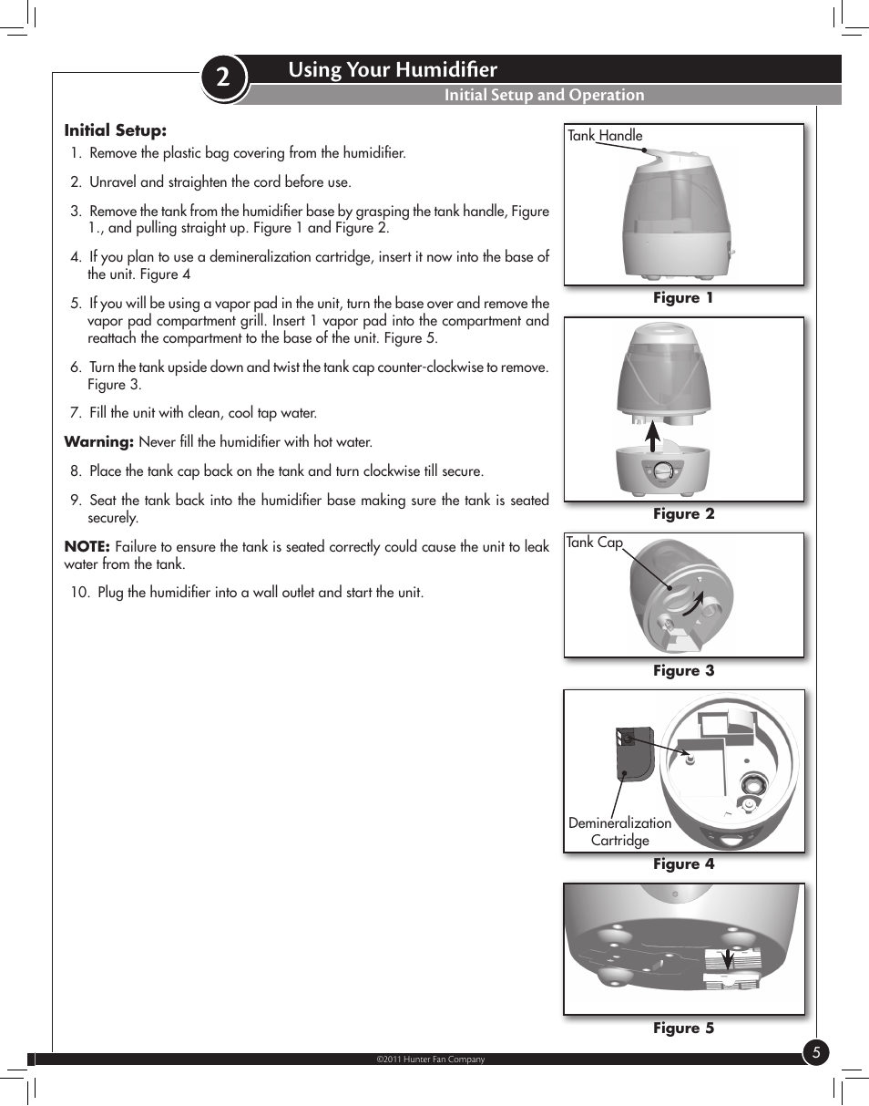 Using your humidifier, Initial setup and operation | Hunter Fan ULTRASONIC 31206 User Manual | Page 5 / 11