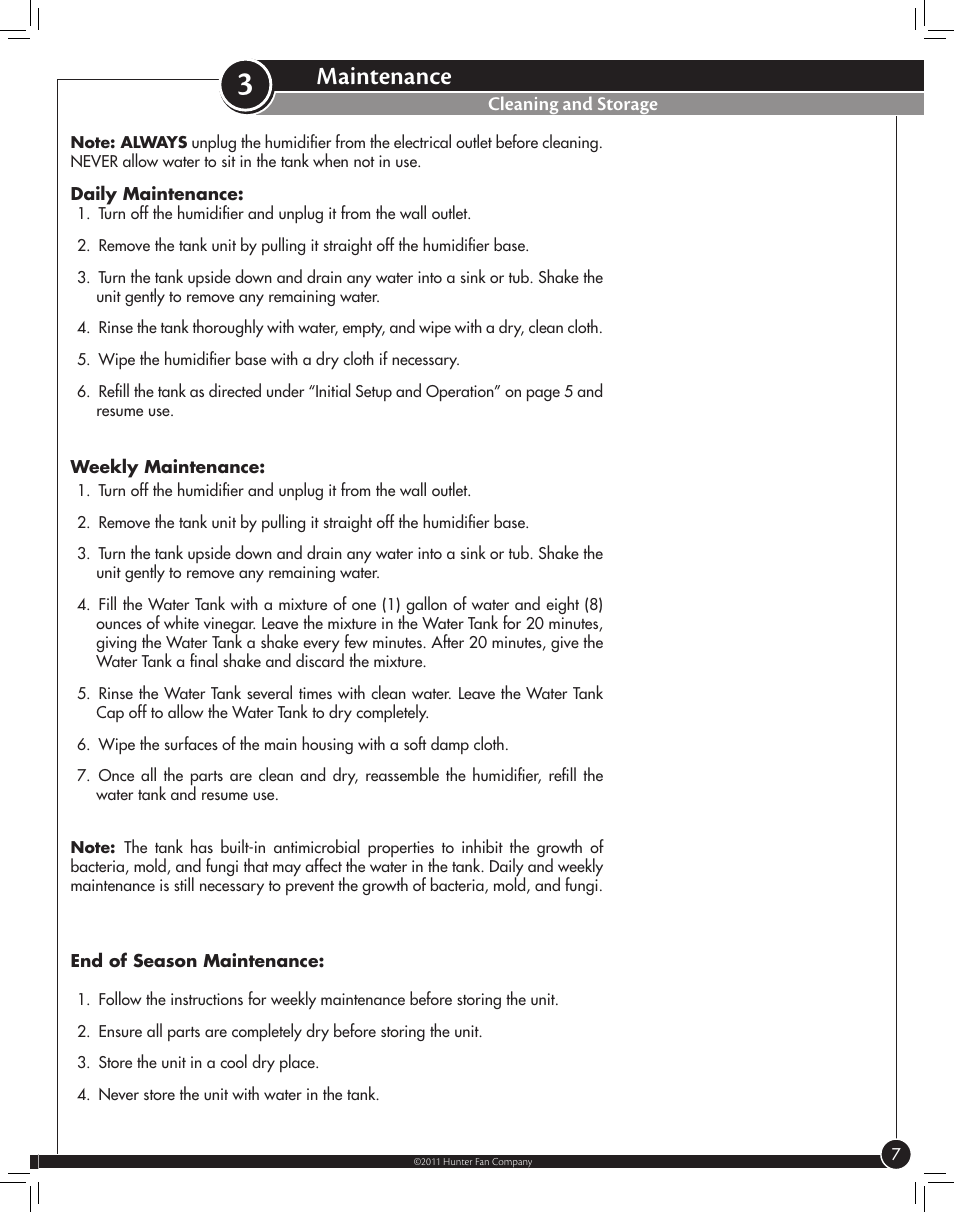 Maintenance, Cleaning and storage | Hunter Fan ULTRASONIC 31206 User Manual | Page 7 / 11
