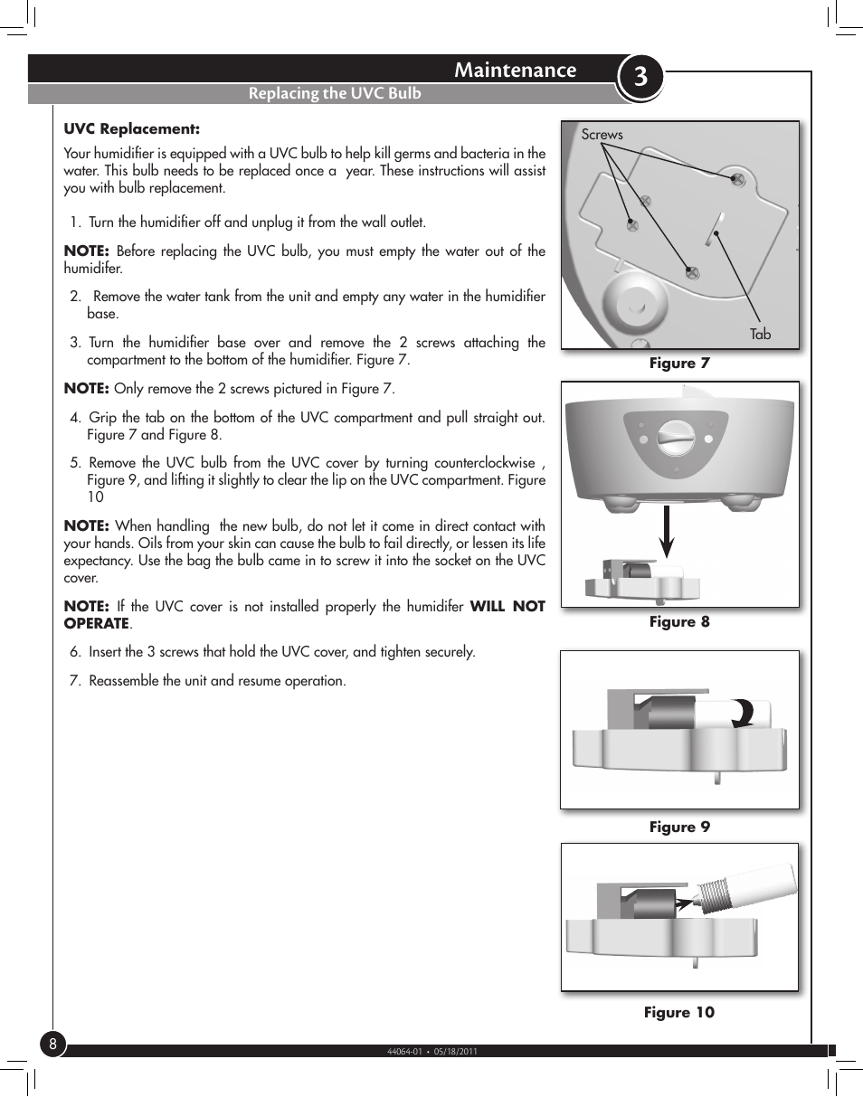 Replacing the uvc bulb, Maintenance | Hunter Fan ULTRASONIC 31206 User Manual | Page 8 / 11